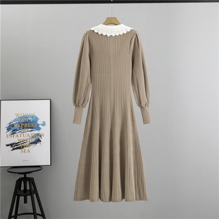 Spring and Autumn Women's Gentle Doll Collar Knitted Dress Plus Size Temperament High Waist Skinny Medium Long Dress