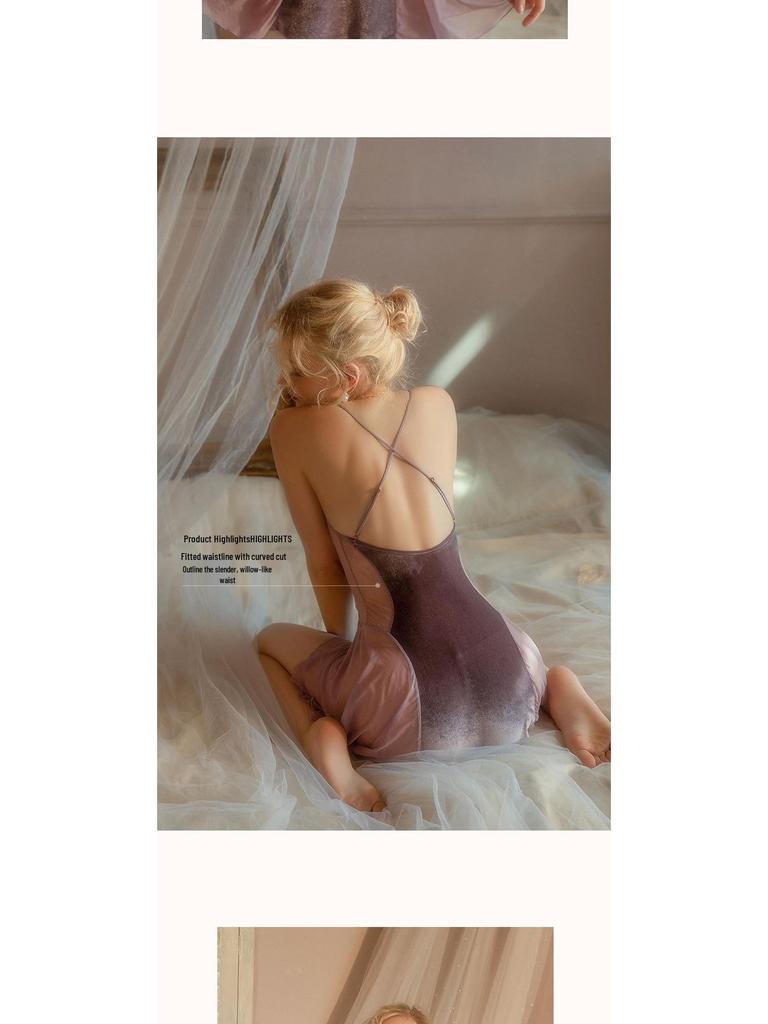 Velvet Lace Mesh Heart Pajama Set: Strappy Nightgown & Robe