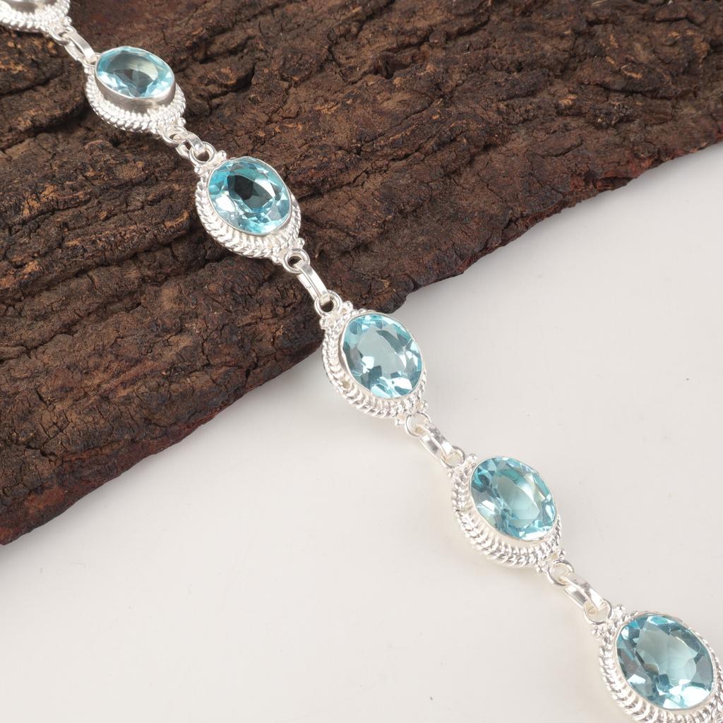 Sky Blue Topaz Gemstone 925 Sterling Silver Jewelry Handmade Women Bracelet 8.5" RB-2-5