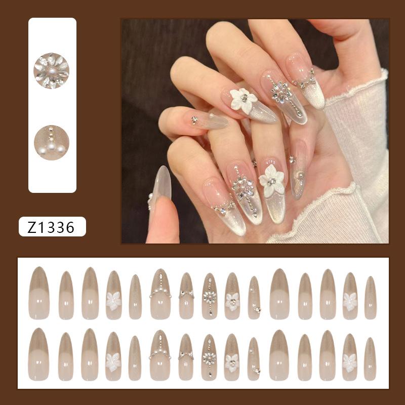 Three-dimensional Cat's Eye French Sparkle Pile Diamond Flower Pearl Fashionable Versatile European and American Style Removable Manicure 30 Pieces