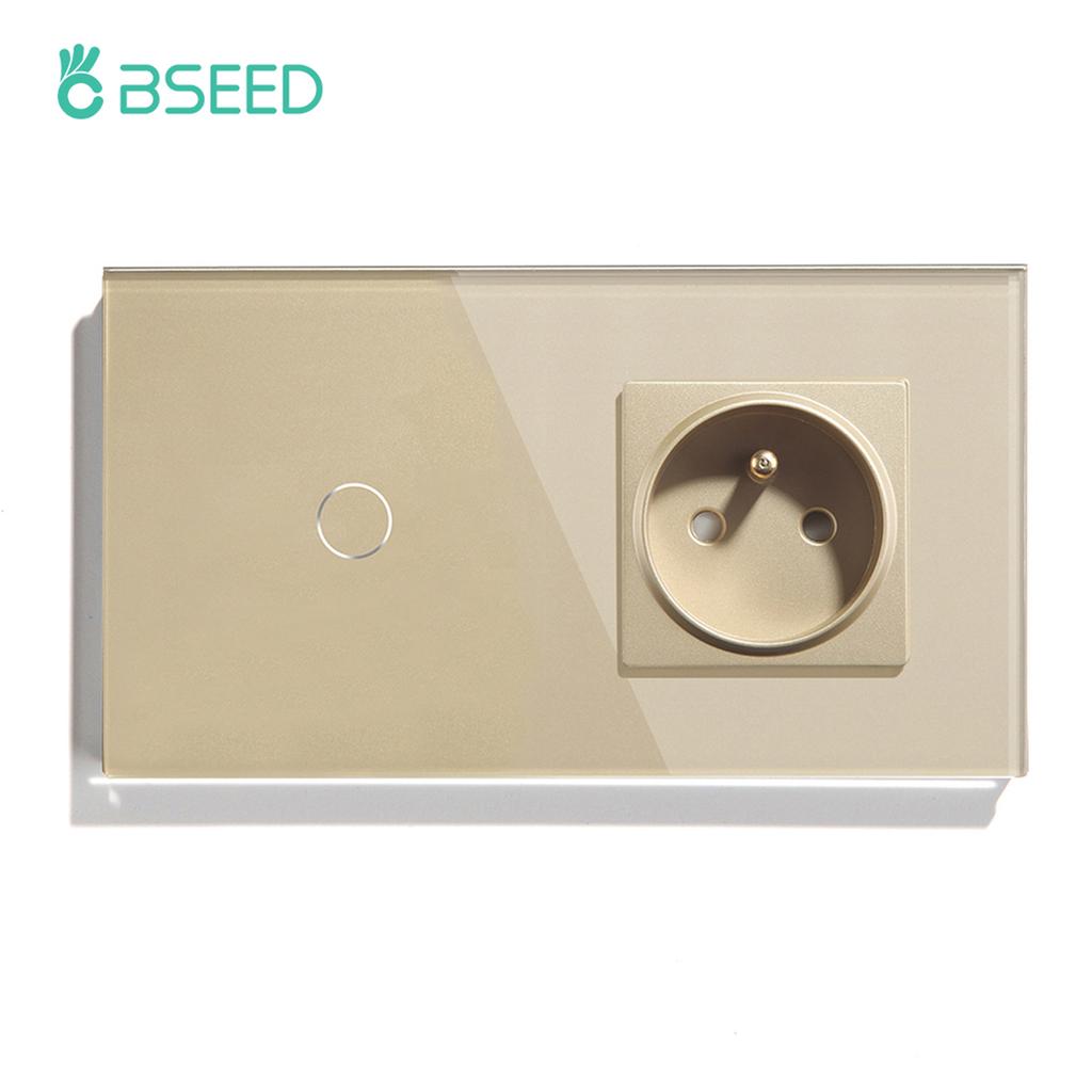 BSEED 1/2/3Gang Touch Light Switches 1Way With French Sockets Type-c USB Wall Power Outlets Glass Panel Blue Backlight Gold