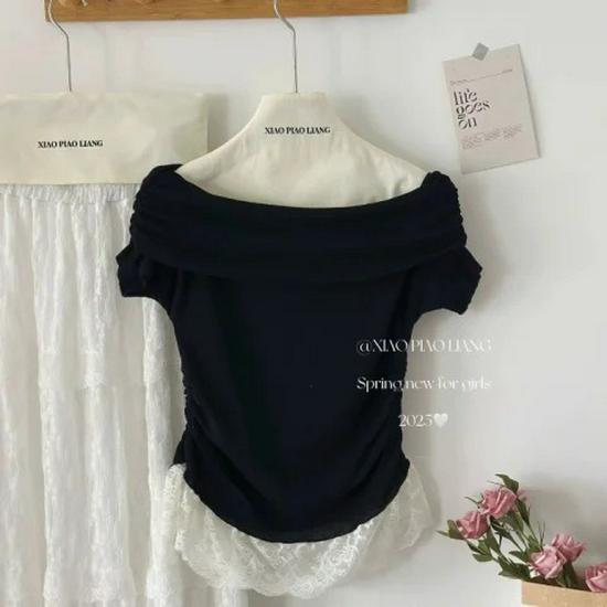 

Шикарная розовая футболка с кружевной отделкой, пэчворк, с открытыми плечами, с приталенной талией для женщин - летний стиль One Size (Recommended for weight under 125 lbs) чёрный