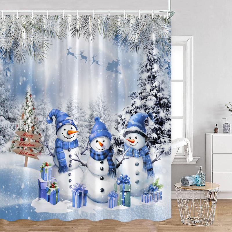 Funny Christmas Shower Curtain Red Santa Claus Cute Blue Snowman Winter Forest Landscape Cloth Home Bathroom Decor Bath Curtains