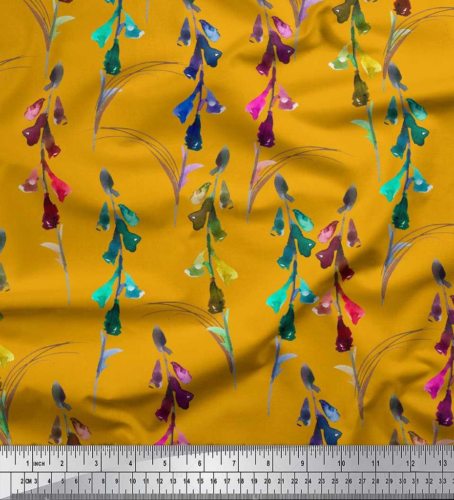 Soimoi Grauer Japanischer Krepp-Satin-Stoff Glockenblume Aquarell Dekor Stoff Bedruckt Meterware 42 Zoll