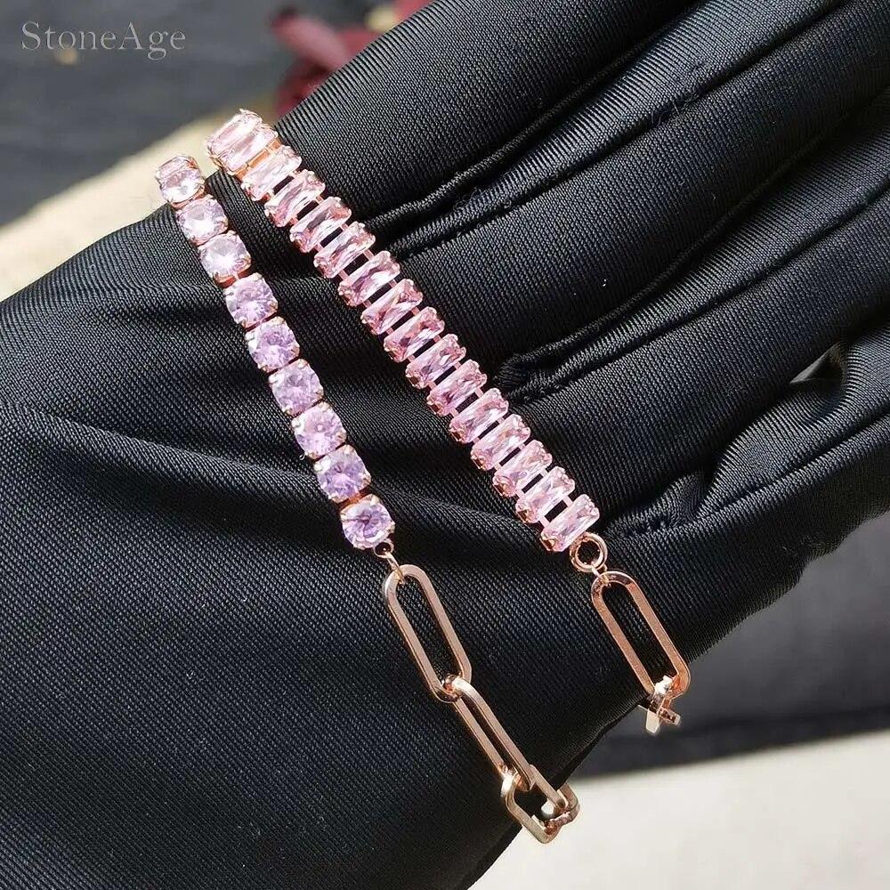 Pink Crystal Tennis Bracelets for Women Female Trend Romantic Shiny Zirconia Adjustable Folding Buckle Chain On Hand Jewelry