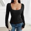 Women's Solid Casual Slim Fit Threaded U Neck Lace Long Sleeve T-Shirt