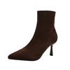 2025 autumn and winter Korean version fashion temperament pointed head high heel elastic thin boots suede commuting elegant thin heel short boots wo