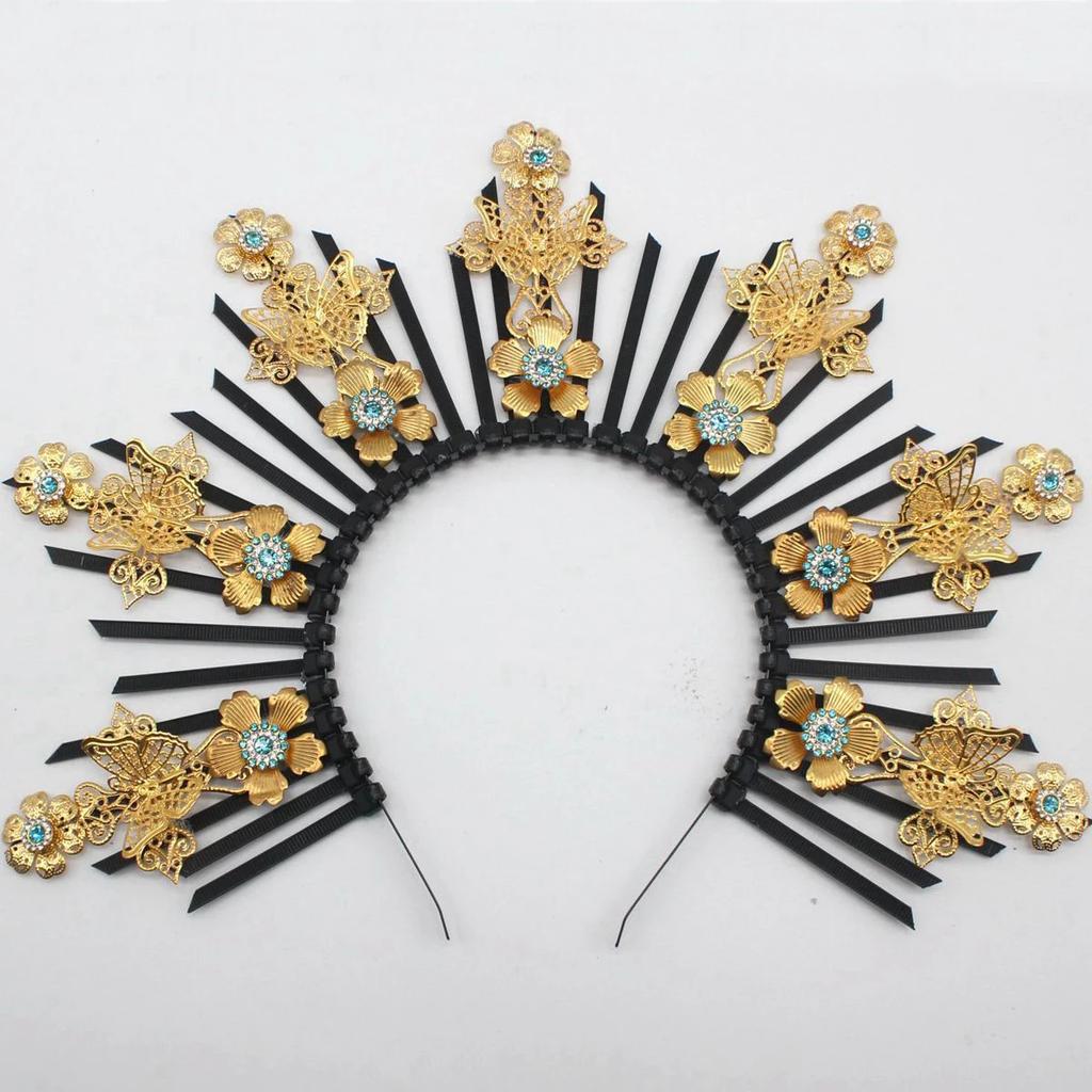 Lolita Gothic Flower Halo Crown Headpiece Women Sun Goddess Baroque Angel Butterfly Cross Crown Headband Finished Product