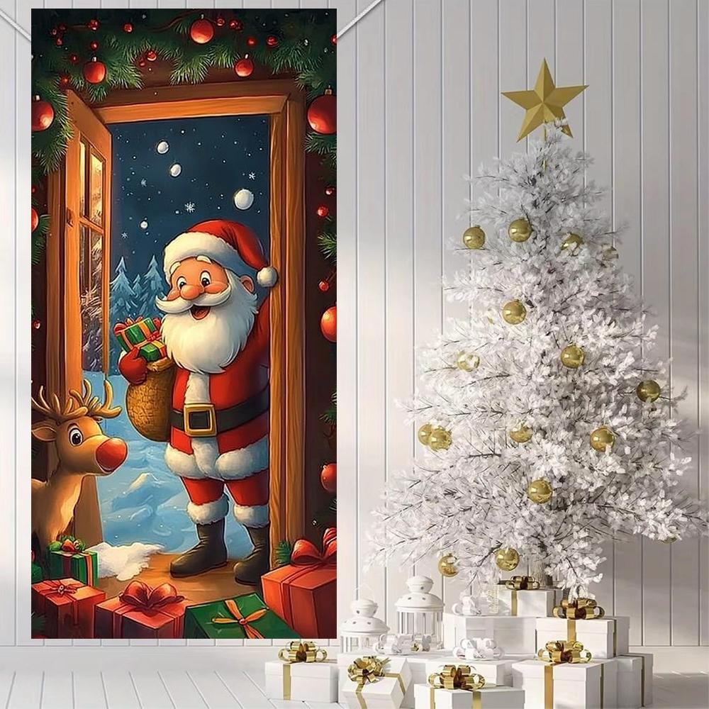 Cartoon Santa Elk Linings For Christmas Doors Kids Room Door Cover Banner Indoor Outdoor Porch Large Decoration New Year Decors