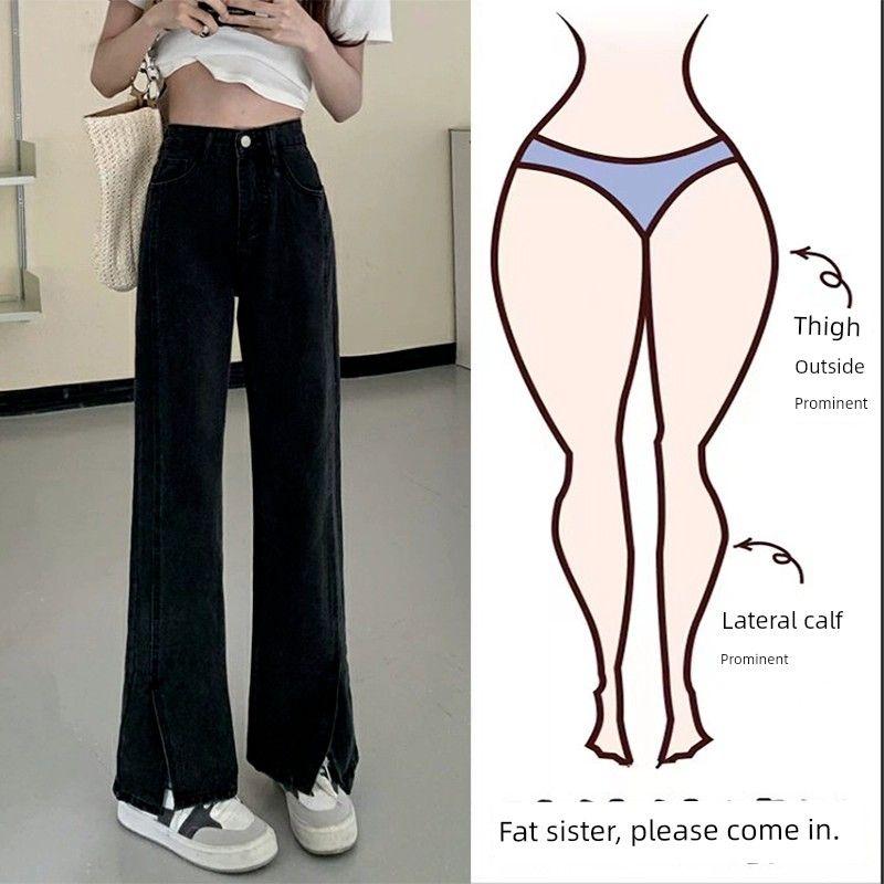 

Женские джинсы деним больших размеров черного цвета с разрезом, весна-осень, новинка, для полных, с высокой талией, свободные и стройнящие, прямые, широкие штанины Black Size M [50.00 kg-55.00 kg]]