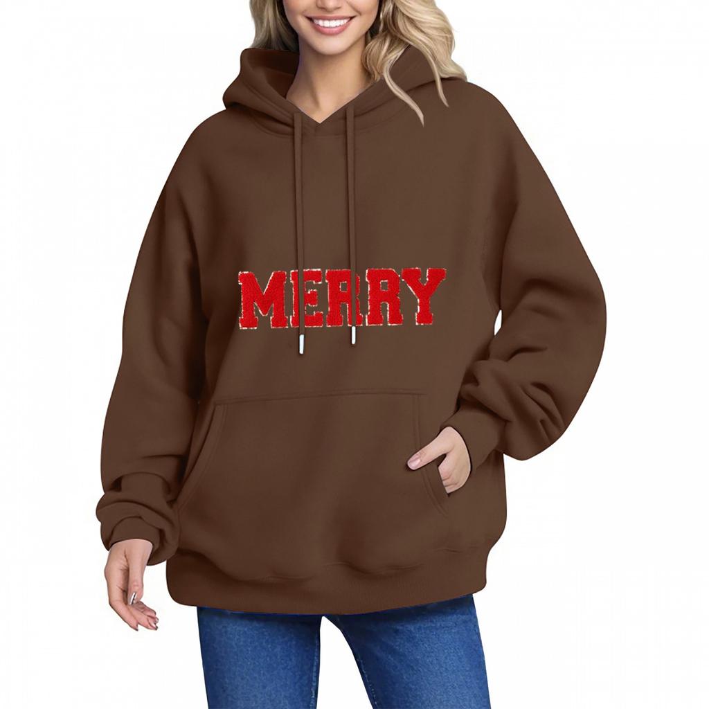 MERRY Women's Hoodie Letter Small Print Long Sleeve Pocket Loose Pullover Sweatshirt Top