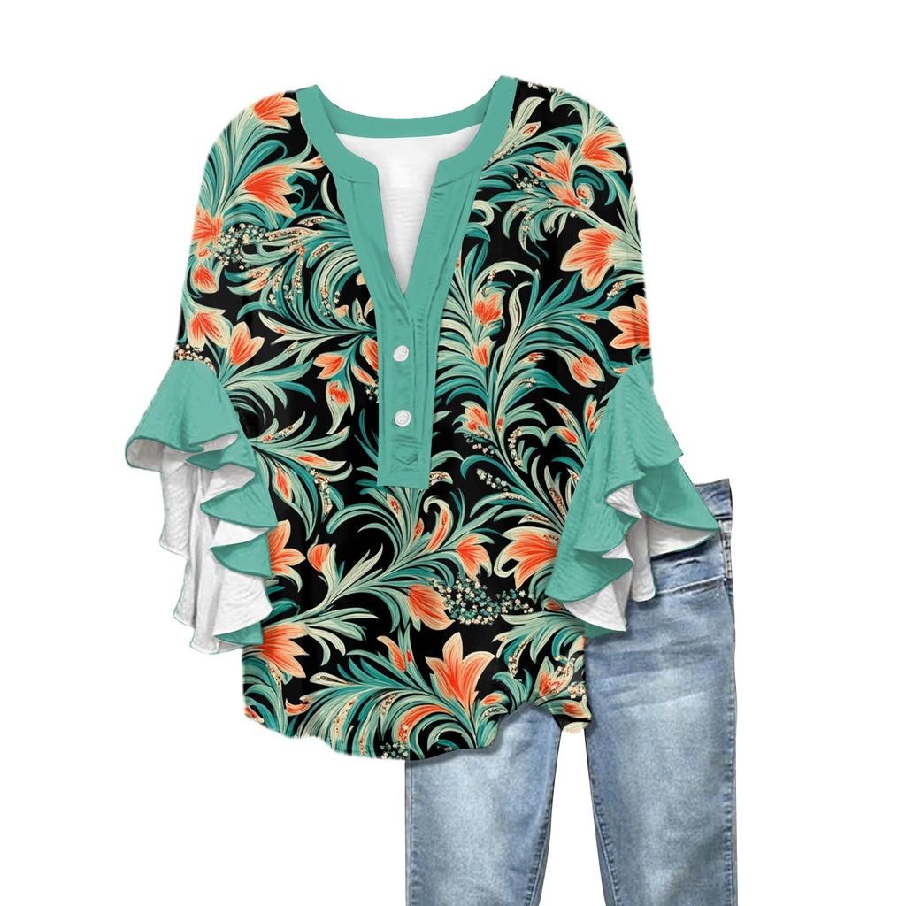 Summer Tops For Women Cute V Neck 3/4 Sleeve Blouses Floral Print Top Casual Shirts