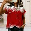 Women Plus Size Shirt Collar Short Sleeve White Gray Red Printed Button Front Cross Hem Blouse