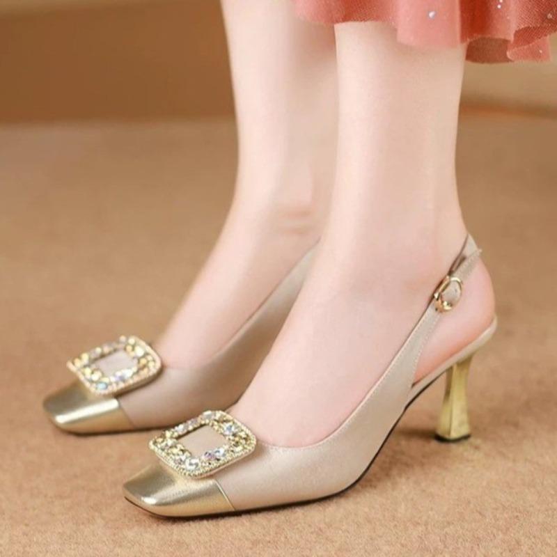 

Fashion New Summer Fashion Square Toe Stiletto Stiletto Sandals Women Wear Wrapped Head Sequin Buckle One Strap Kitten Heel Sandals 35 шампанского