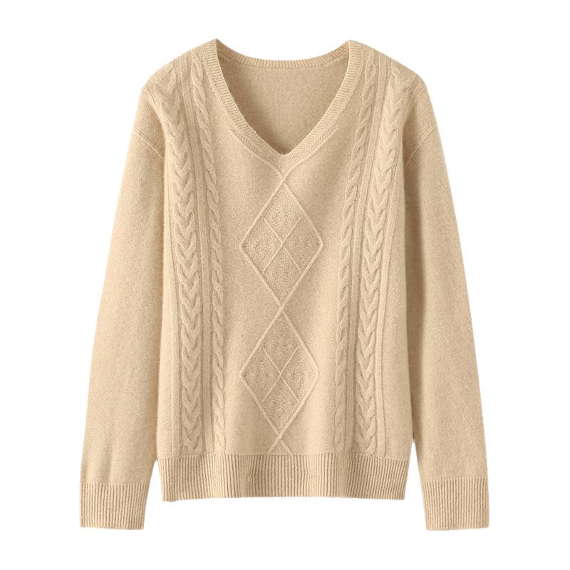 Women's 100% Wool Argyle V-Neck Sweater - Slimming, Versatile Twist Pattern Knitwear for Autumn/Winter