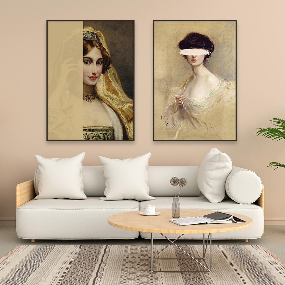 Altered Art Vintage Woman Portrait Oil Painting Canvas Prints Retro Eclectic Wall Art Poster Bedroom Wall Canvas Painting Decor