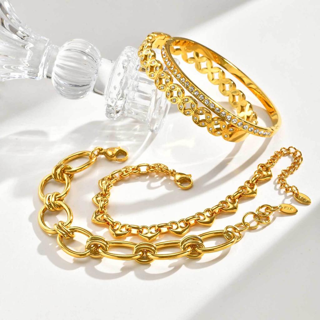 Waterproof Stainless Steel Bracelet, Non Tarnish Cubic Zirconia Cuffs, Stack Layered Chunky Chain Bracelets for Women