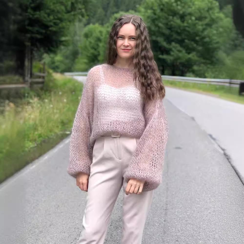 

Женский кардиган нежного стиля с рукавами-фонариками, однотонный, вязаный, просвечивающий, Осень 2024 S