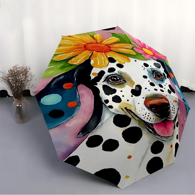 1pc Dalmatian Flowers Automatic Folding Umbrella, 8-Rib Durable Iron Frame, Compact Travel Umbrella for Women & Men 070