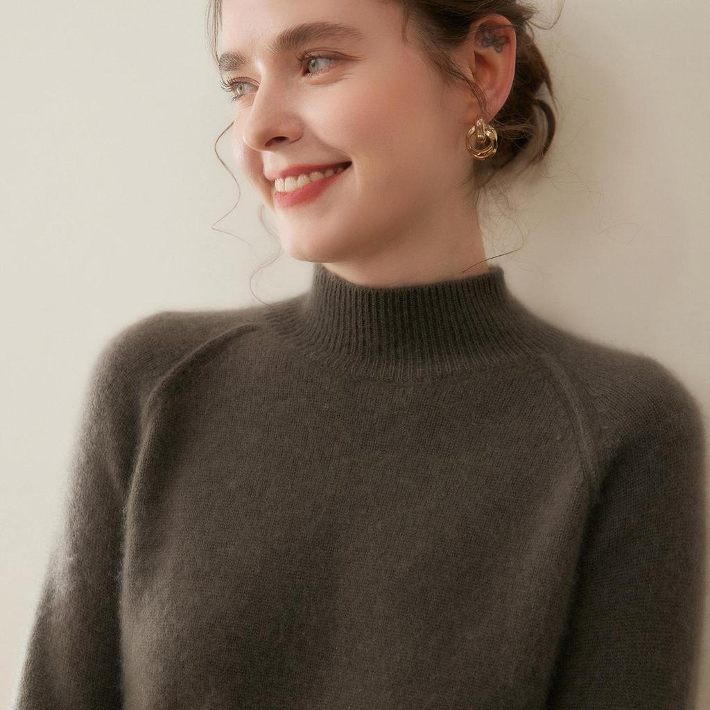 Women's Cashmere Knit Drop Shoulder Sweater - Half-High Collar, Long Sleeve, Warm & Versatile Inner Wear