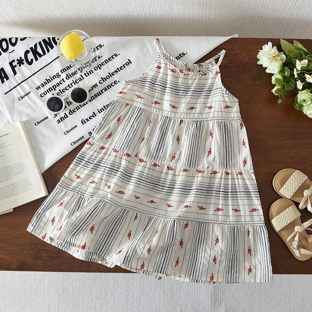 Girls Summer Striped Floral Dress Sleeveless Spaghetti Strap Princess Dress For Baby Toddler Cute Casual Sundress 100cm