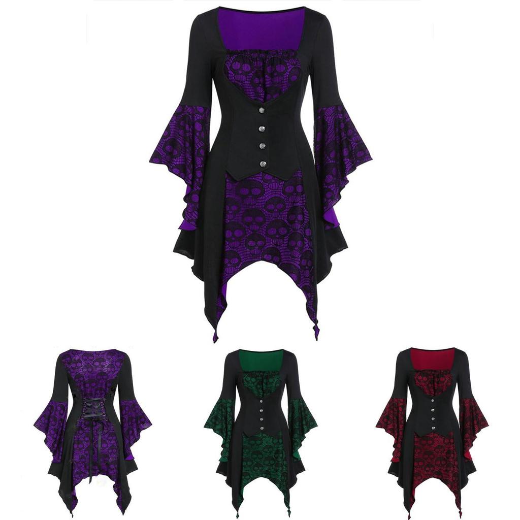 Women's Vintage Skull Head Medieval Gothic Witch Cosplay Costume Dress For Halloween Party