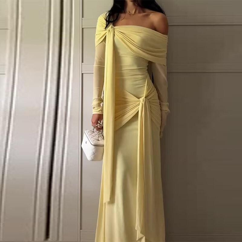 Womens Knit Off-Shoulder Midi Dress With Collar Detail Solid Color Elegant Fit-and-Flare Style 2025
