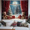Christmas Tapestry Fairy Lights Christmas Tree Snowy Window Scene Red Curtains Christmas Event Backdrop Background Cloth
