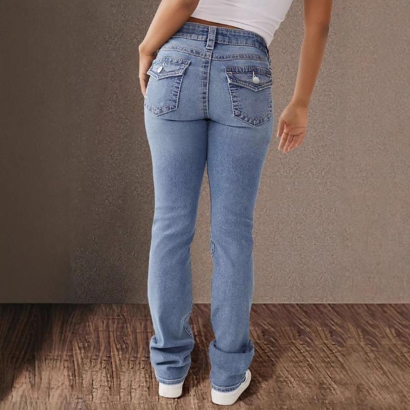 Damen Frühjahr Neue Doppelknopf Mid-Waist Straight Jeans Slim Temperament Hose