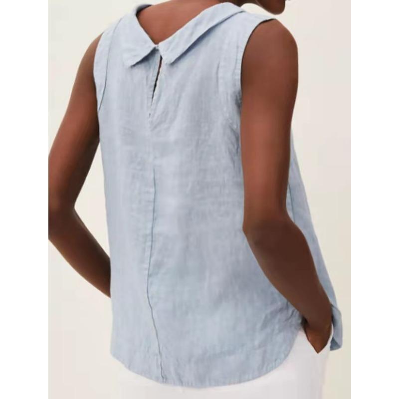 Cotton Linen Solid Color Round Neck Short Blouses & Shirts Casual Solid Color Sleeveless Top