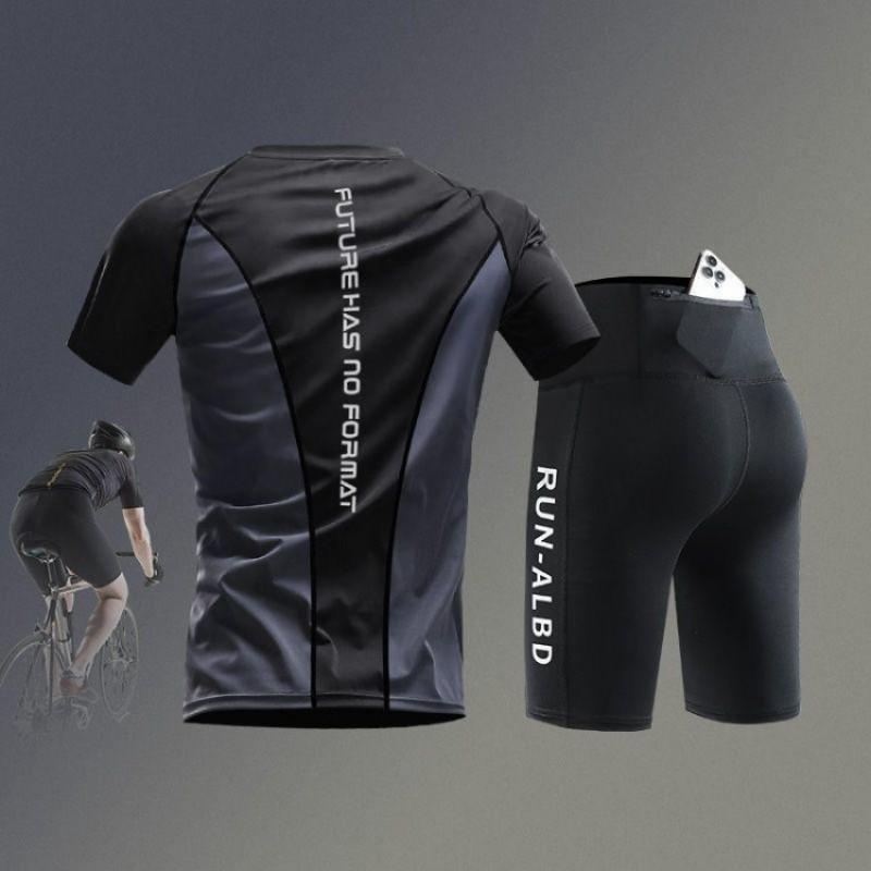 Mens Cycling Jersey Shorts Set Quick-Dry Ice Silk Bike Outfit With Phone Pocket Road Mountain Biking