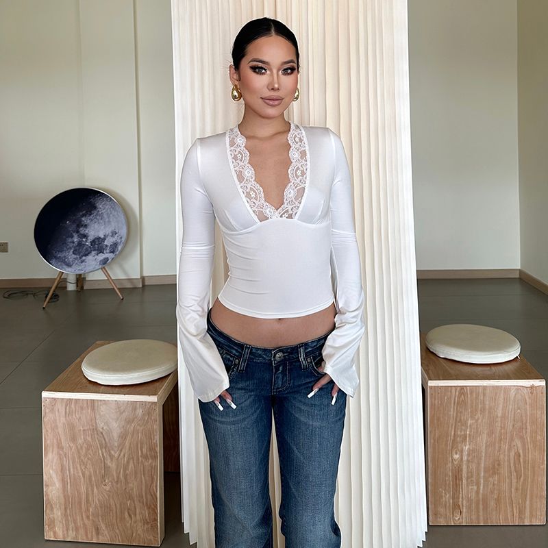 

Pure Desire Style V-neck Lace Patchwork Long Sleeves Tops 2024 Summer New Arrival Sexy Silm Slim Looking Easiest for Match Crop Top T-shirt White L