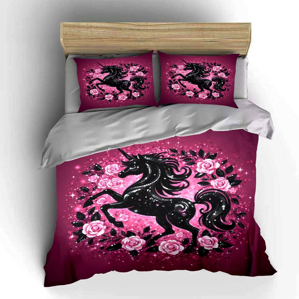 Sparkling Unicorn And Rose Design Kid'S And Adults' Bedroom Decor, Exquisite Three-Piece Bedding Set Gift