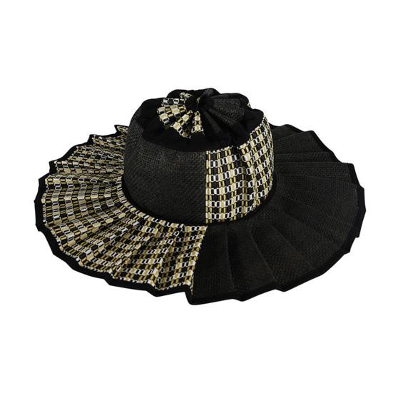 Women Straw Hat Plaid Print Summer Foldable Hat Wide Brim UV Protection Lightweight Breathable Beach Sun Hat