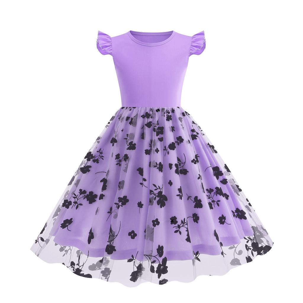 Sommer Kinder Taille Spleißen Mesh Kurzarm Rundhals Vintage Mädchen Langen Rock Swing Kleid