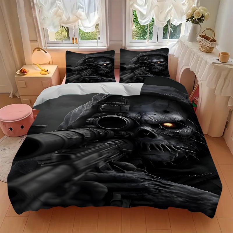 3pcs Skull with Gun Universal Three-Piece Bedding Set-Perfect for Bedroom, Guest Room, Living Room, Hotel Decor-Ideal Gift for Fans, Travele