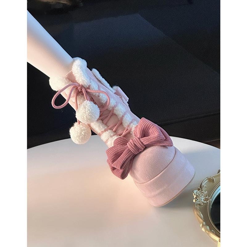 Lovely Girls Lolita Winter Mid Calf Snow Boots Cute Students Bowknots Lace Up Wedge Heel Plush Warm Shoes