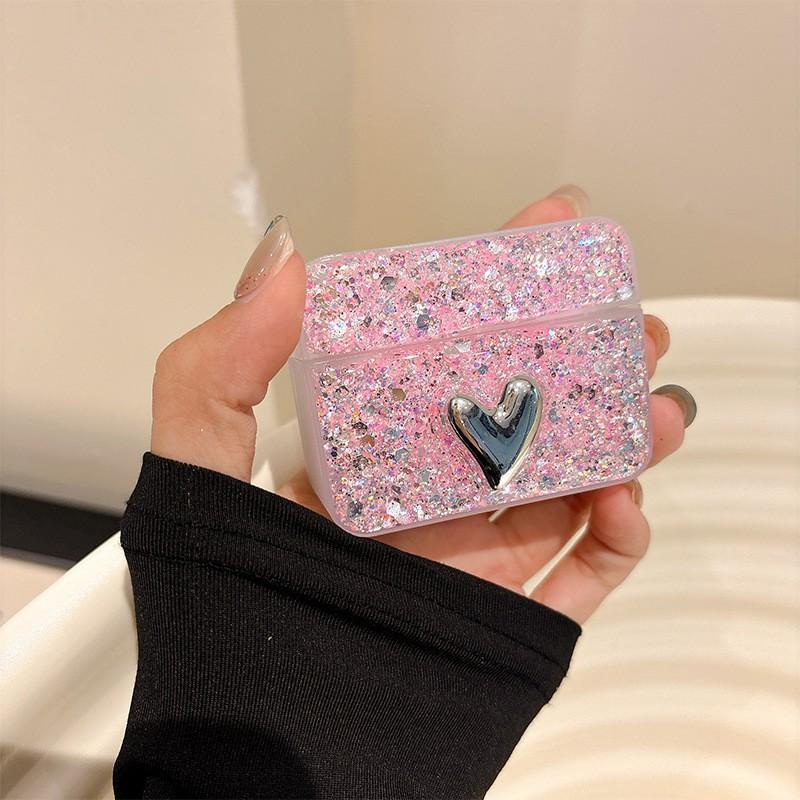 Square Bluetooth Earphone Case Suitable Apple Airpods 4 Generation Glitter Airpodspro Heart-shaped Protective