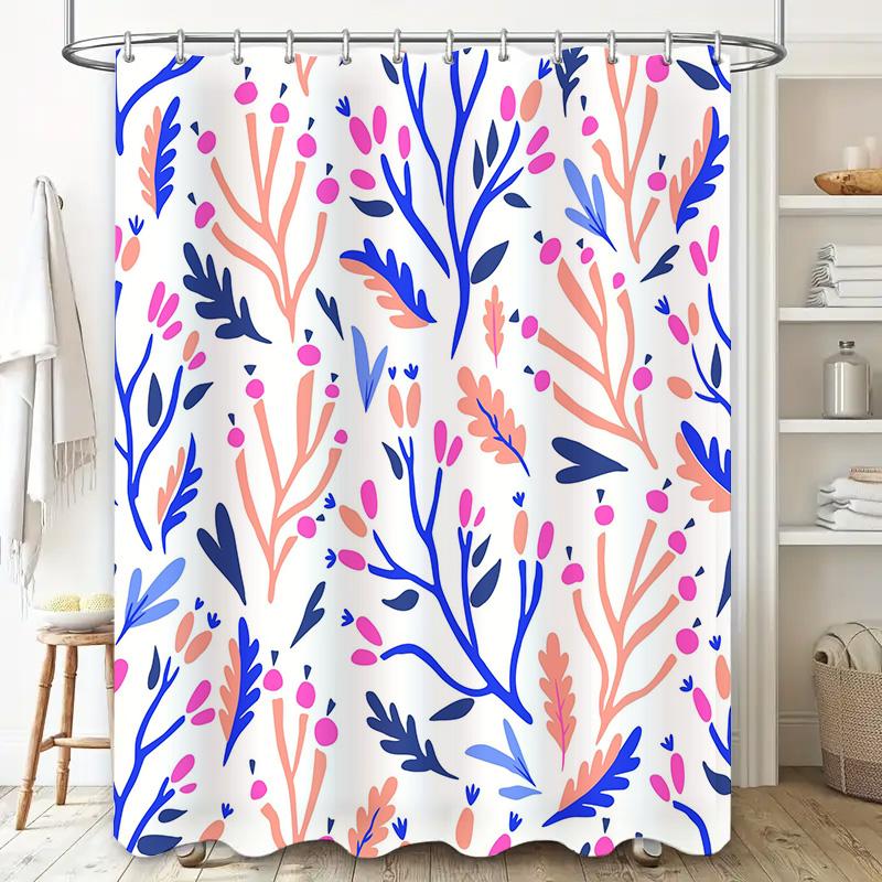 Blue and pink coral shower curtain with white background featuring leafy branches waterproof fabric bathroom decor for kids bath