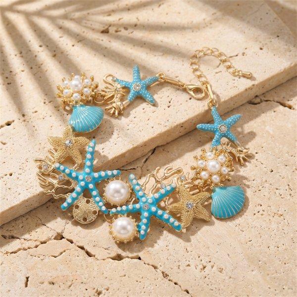 

Starfish Shell Simulated Pearl Necklace Ocean Theme Beaded Choker Summer Beach Vacation Boho Jewelry For Women