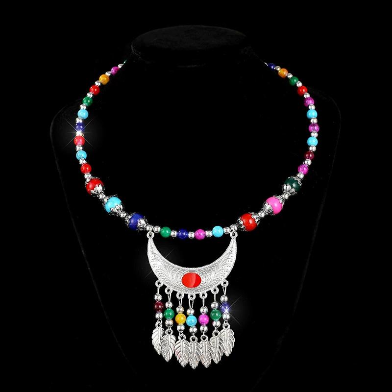 1PC Ethnic Multicolor Long Chain Boho Stone Beads Jewelry Accessories Leaf Red Stone Alloy Carving Gaskets Tassel Necklace