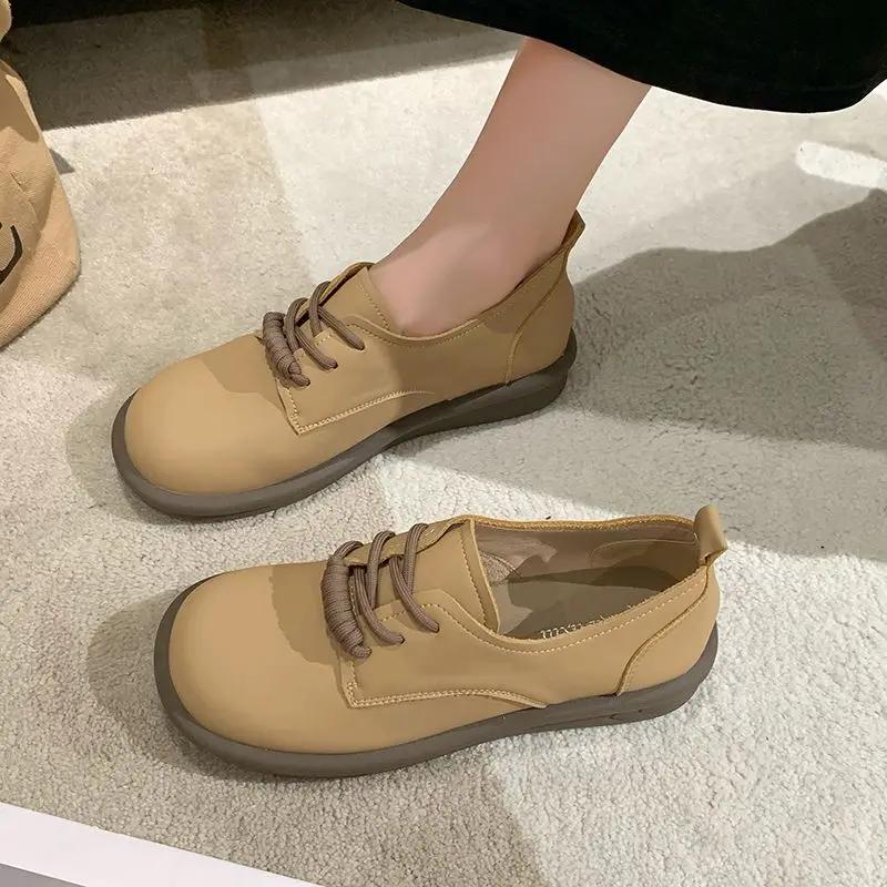 Shoes for Women Little Leather Camel Single Japanese Style Elegant Dress Spring Cheap Liquidation Luxury Brand Chic Woman Flats