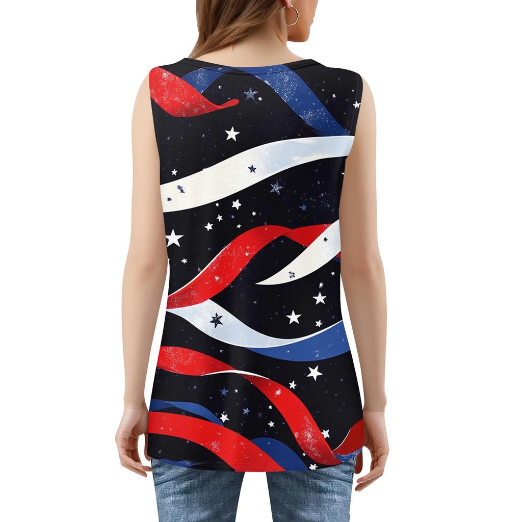 Women's Summer Casual Pleated Square Neck Sleeveless Tank Top Printed T-Shirt