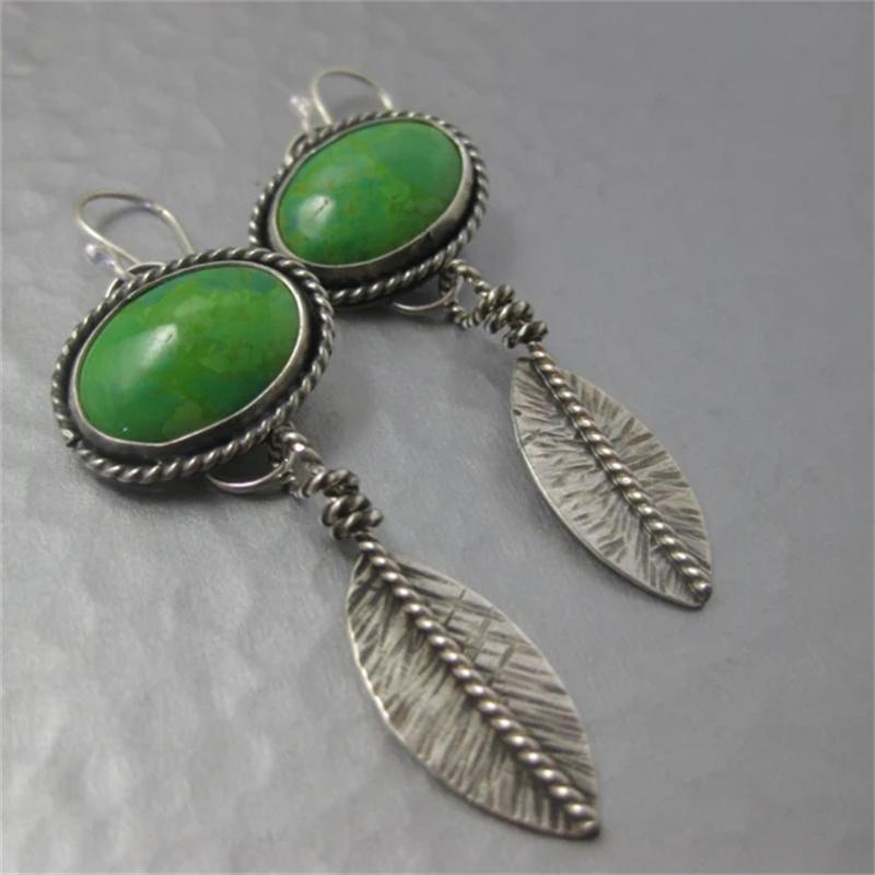 

Ethnic Oval Green Stone Earrings Vintage Originality Silver Color Metal Carving Leaf Dangle Earrings for Women