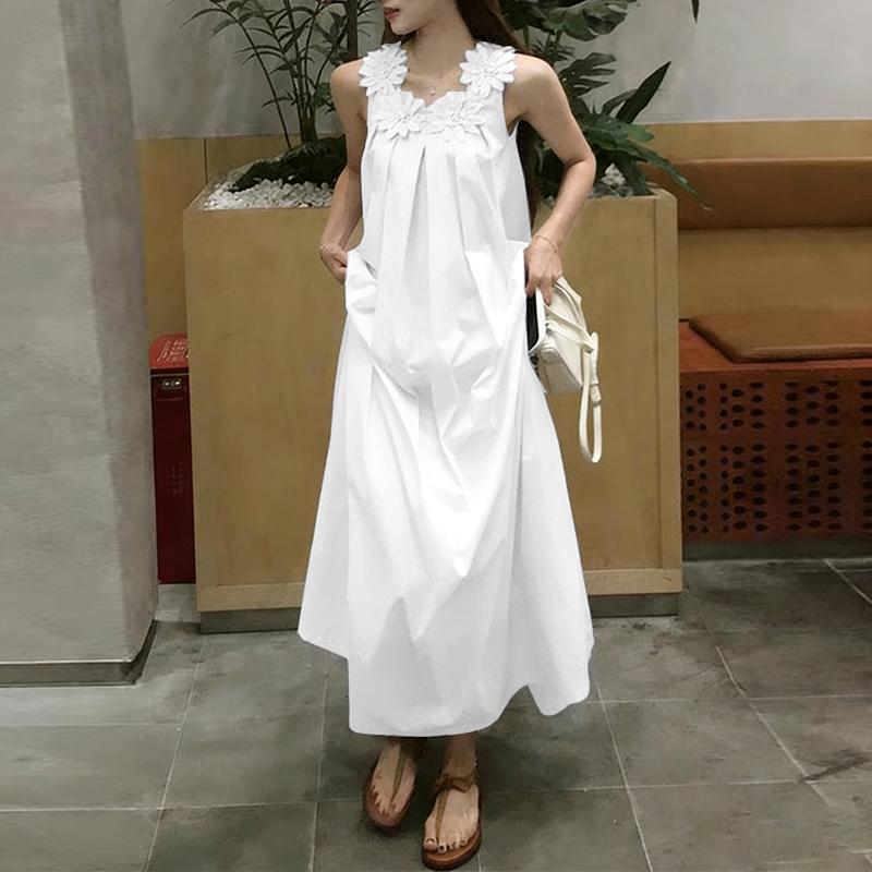ZANZEA Bohemian Style Summer Casual Round Neck Sleeveless Long Dress M белый