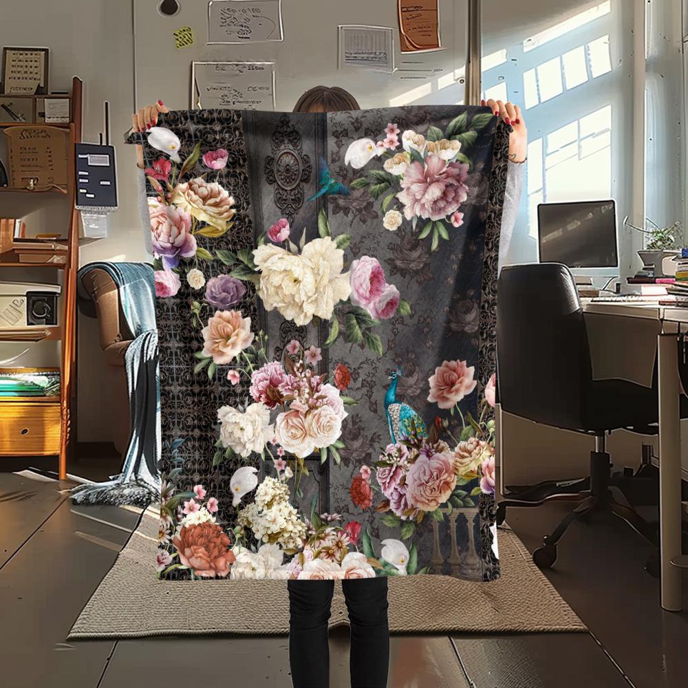 1Pc Vintage Floral Bird Print Flannel Blanket, High quality Comfortable for All Seasons, Home Decor, Warmth and Comfort, Perfect for Gifts