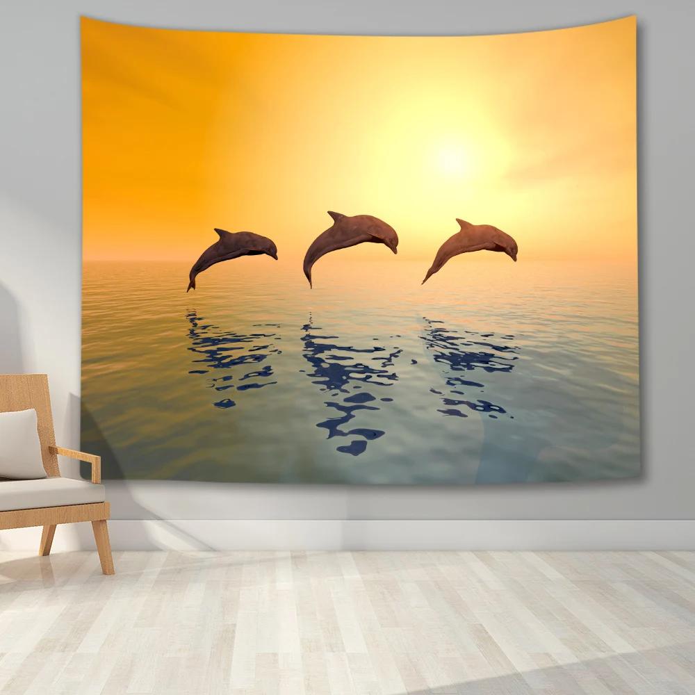 Underwater World Tapestry Wall Hanging Turtle Shark Mermaid Dolphin Tapestry Print Wall Hanging Living Room Bedroom Dormitory 100X70CM