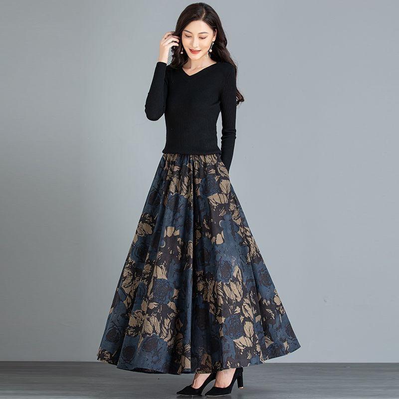 Women Autumn Clothing Pocket Skirt High Waist Vintage Floral Printing Elastic Waist Elegant Midi Skirts