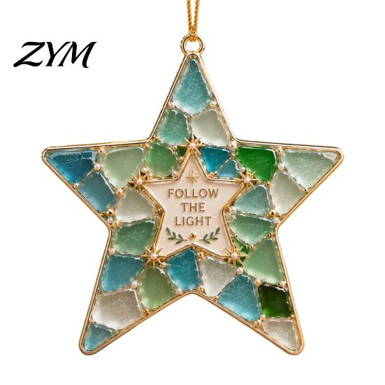 Coastal Style Holiday Decor 2Pcs Sea Glass Christmas Ornament, Seaglass Heart Bird Angel Tree Star Party Decoration Snowman Pendant, Handmade