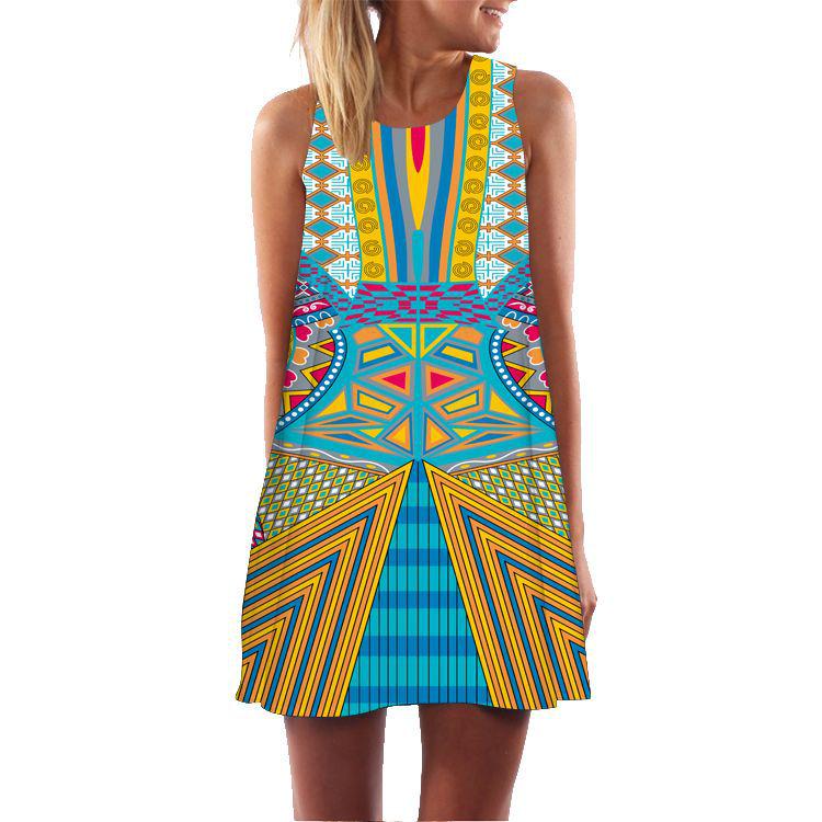 European and American New Retro Digital Printing Crew Neck Hot-selling Off-the-shoulder Medium and Long Vest Dress